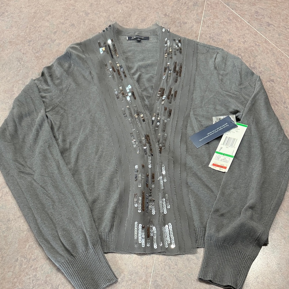 Gray AK Anne Klein Sequin V-Neck Sweater